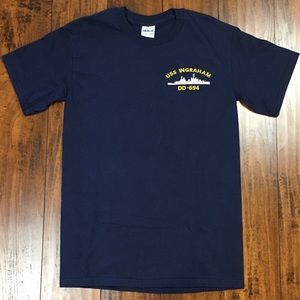 USS INGRAHAM DD-694 NAVY Destroyer T-Shirt Men's Size Small Blue Embroidered